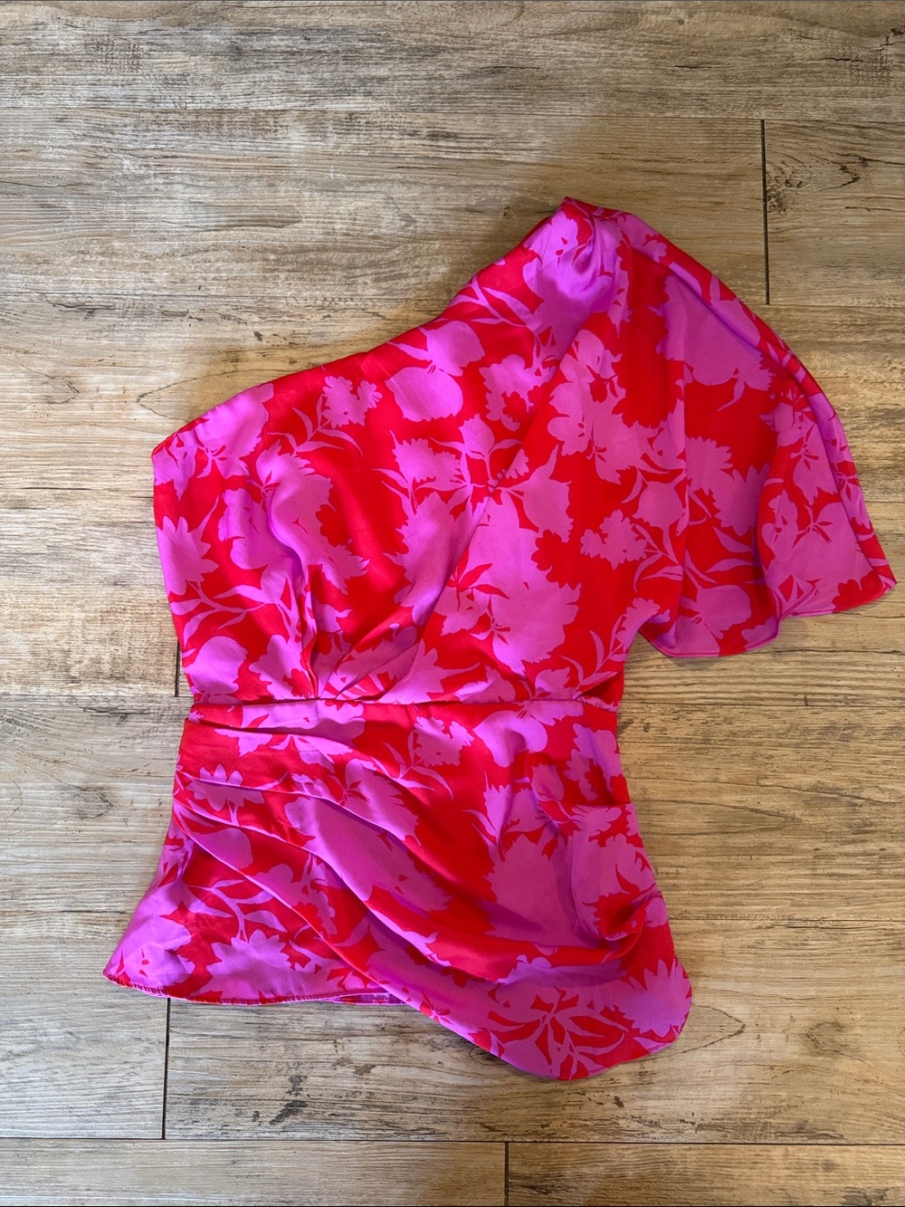 Vestique One-Shoulder Pink and Hot Pink Floral Satin Top S